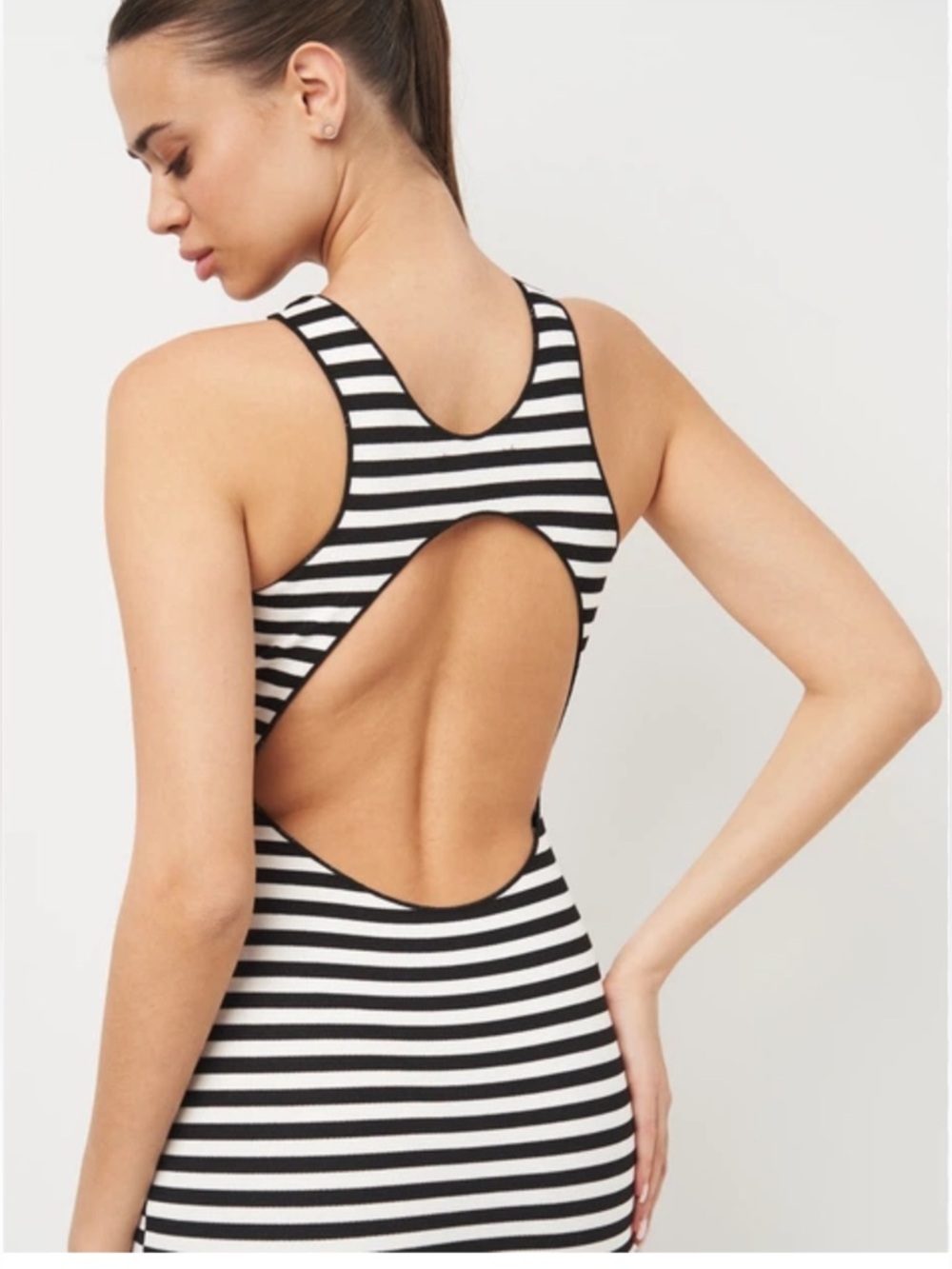 Zara Black and White Striped Midi Dress with Open Back